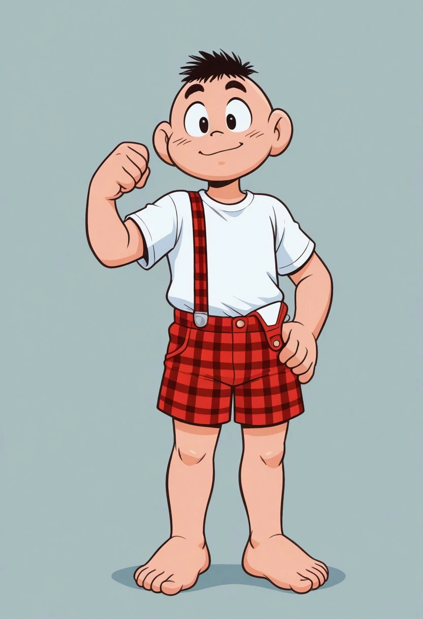 CascaoTDM, 1boy, white shirt, plaid red shorts, single suspender, black bushy hair, black eyes, short, solo, full body, barefoot