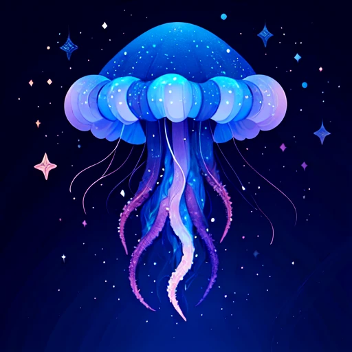 <lora:Flat_Cartoon_IllustrationSD1:1> ArsMJStyle, Flat Cartoon Illustration, The image shows a blue jellyfish floating in the ocean with stars in the background creating a beautiful and serene atmosphere., no humans, blue background, tentacles, jellyfish, simple background, black background, artist name, full body