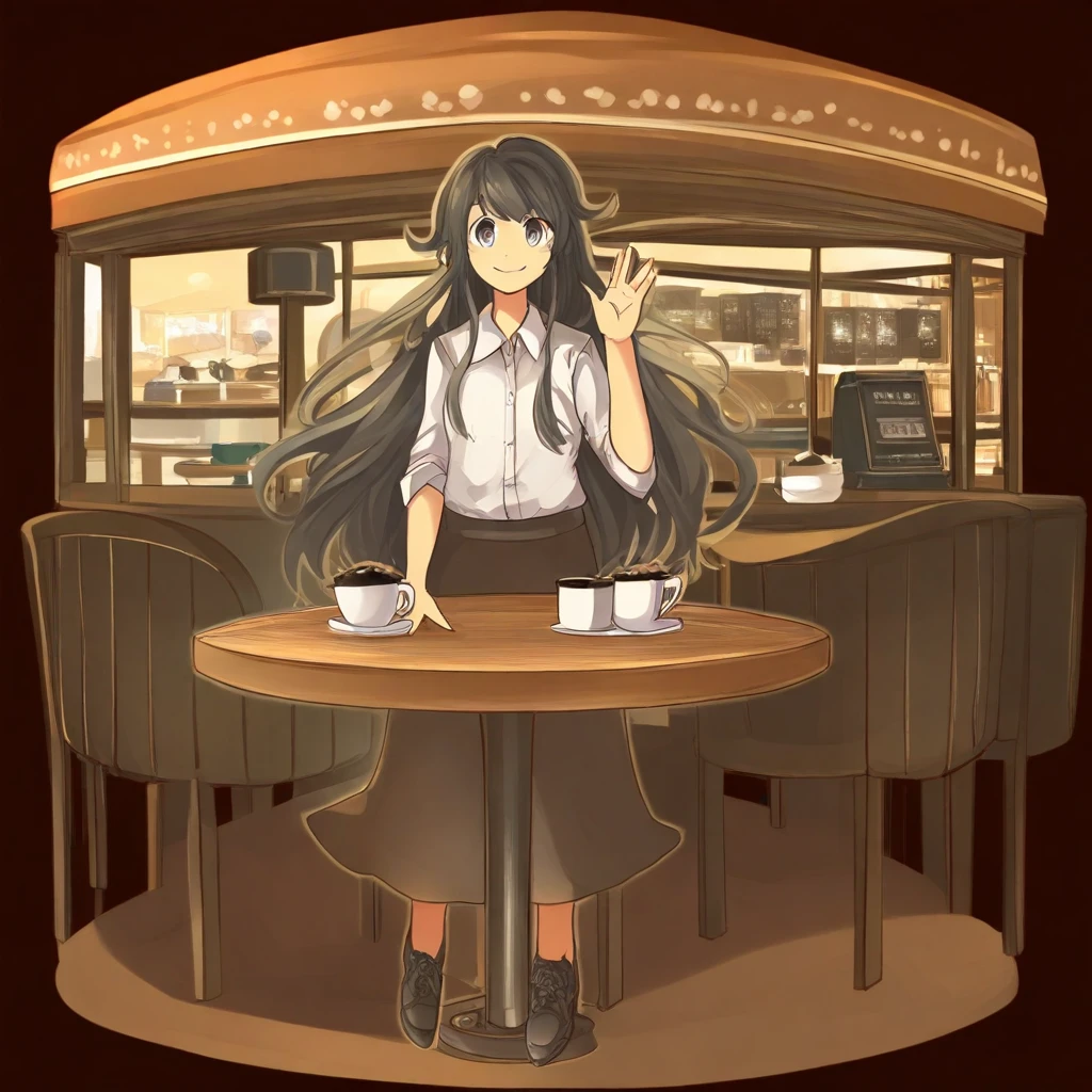 safe_pos, high quality, high detail, best quality, BomBom, 1girl, shirt, skirt, smile, long hair, smile, looking at viewer, shoes, black hair, <3, waving, cafe, coffee, table