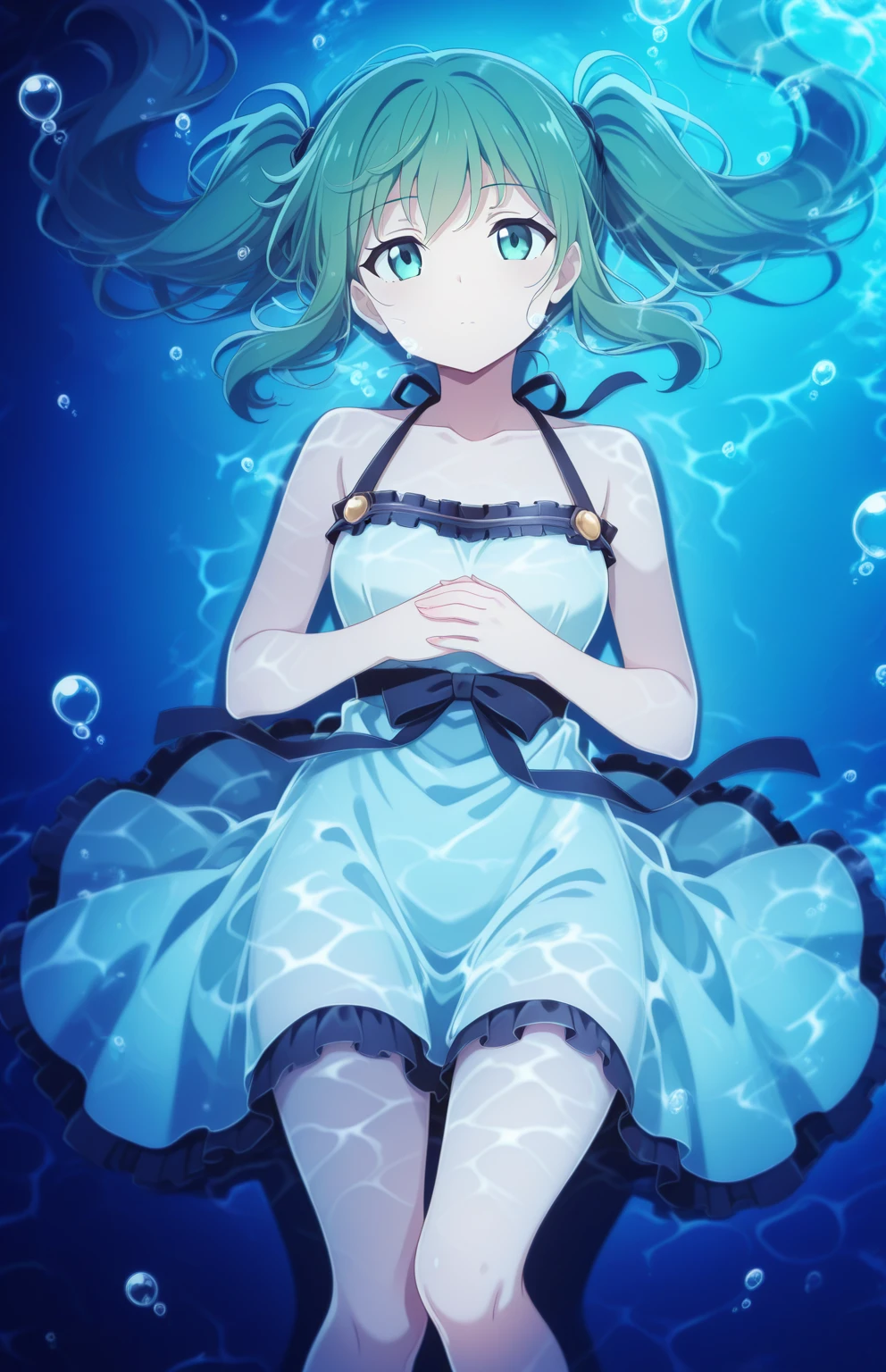 ailand,waterrefraction,1girl, air bubble, bare shoulders, collarbone, expressionless, floating hair,green hair, solo, underwater, twintails, water, <lora:water_refraction_v1_illustrious:1> ,refraction,((blue_theme,dark)),night,from_above,on back, dim lighting, darkness,shadow,undersea,submerged, air bubble, dress,own hands together, dynamic pose, perspective, dutch angle,,((anime_coloring)),anime_screencap,studio_anime,<lora:ailand_v1_illustrious:1>