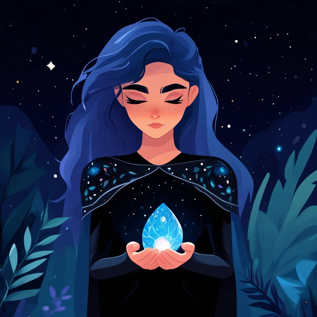 ArsMJStyle, Flat Cartoon Illustration, The image shows a woman in a black dress holding a crystal ball in her hands surrounded by plants and stars in the night sky., 1girl, solo, closed eyes, freckles, blue hair, cape, long hair, black hair, multicolored hair, nature