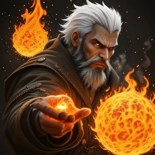 black hair, beard, medium breasts, fingernails, scales, bracelet, weapon, cleavage, glowing, producing a fire ball, male focus, white hair, orange eyes, 1boy
