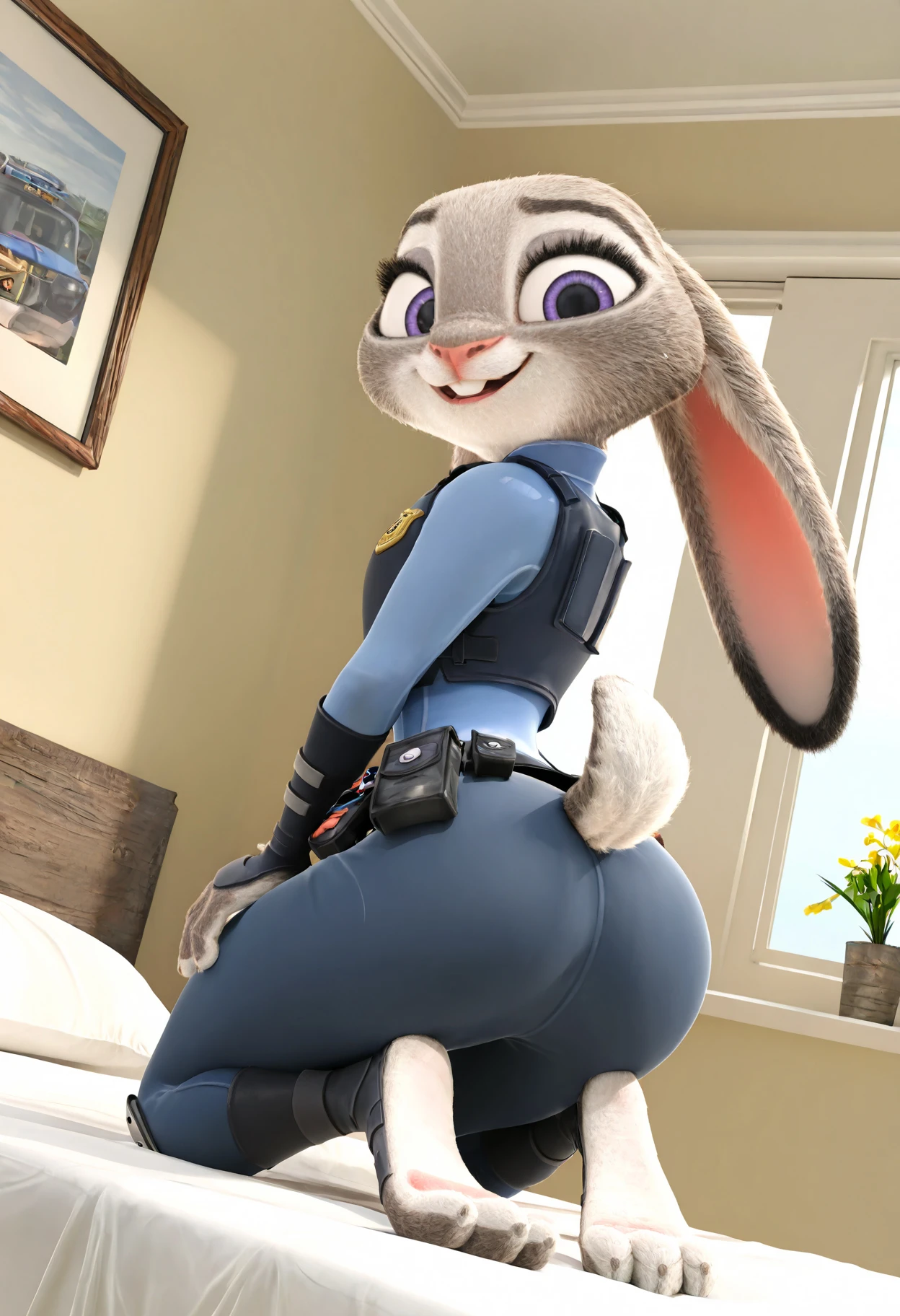 score_9_presence, score_8_up, Judy hopps, zootopia, HD, high res, solo portrait, feet visible, furry; anthro, masterpiece, movie accurate, detailed fur, anthro; slim figure, black nose, cute purple eyes, long eyelashes, fluffy tail, big bunny ears, sharp black nails, curvy hips, big butt, beautiful legs, beautiful feet, with a lustful expression, wearing black latex bdsm suit, teasing, with a sexually protective pose, ripping her latex clothes and exposing her anus, detailed anus, ultra detailed anus, Judy Hopps stimulating her anus, fisting her own anus, hand on anus, anal fisting, background filled with sex toys, dildoes, and bdsm toys on the background, lots of dildoes in the ground. 