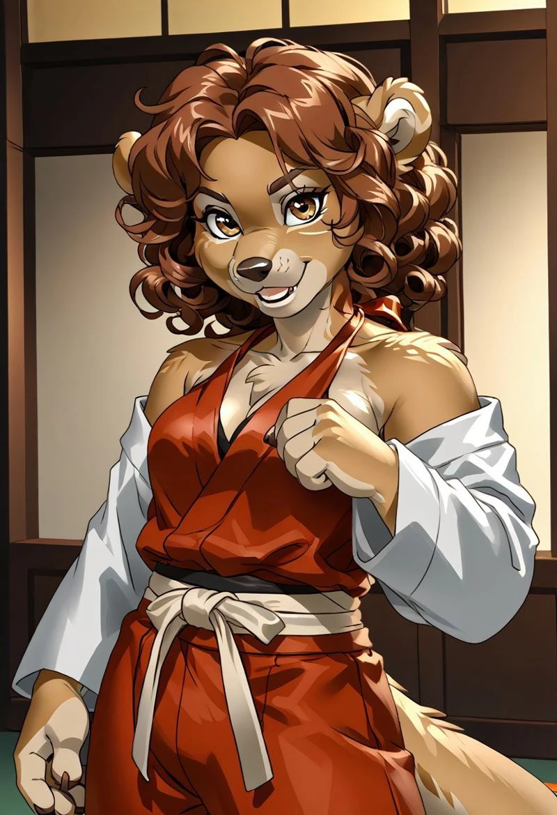 score_9, score_8_up, score_7_up, (by jailbird:1.5), (by kittydee:1.5), (by zummeng:1.5), masterpiece, best quality, (solo), kinkajou,
(Furry Art: anthro: kinkajou:1.5), expressive eyes, feminine eyes, <lora:beautiful_detailed_eyes:1>, perfect face, tawny brown fur, rounded ears, prehensile tail, (brown hair:1.5), (curly hair), (curly bangs), medium breasts, (halter top shirt:1.5), (karate pants:1.5), (karate belt),