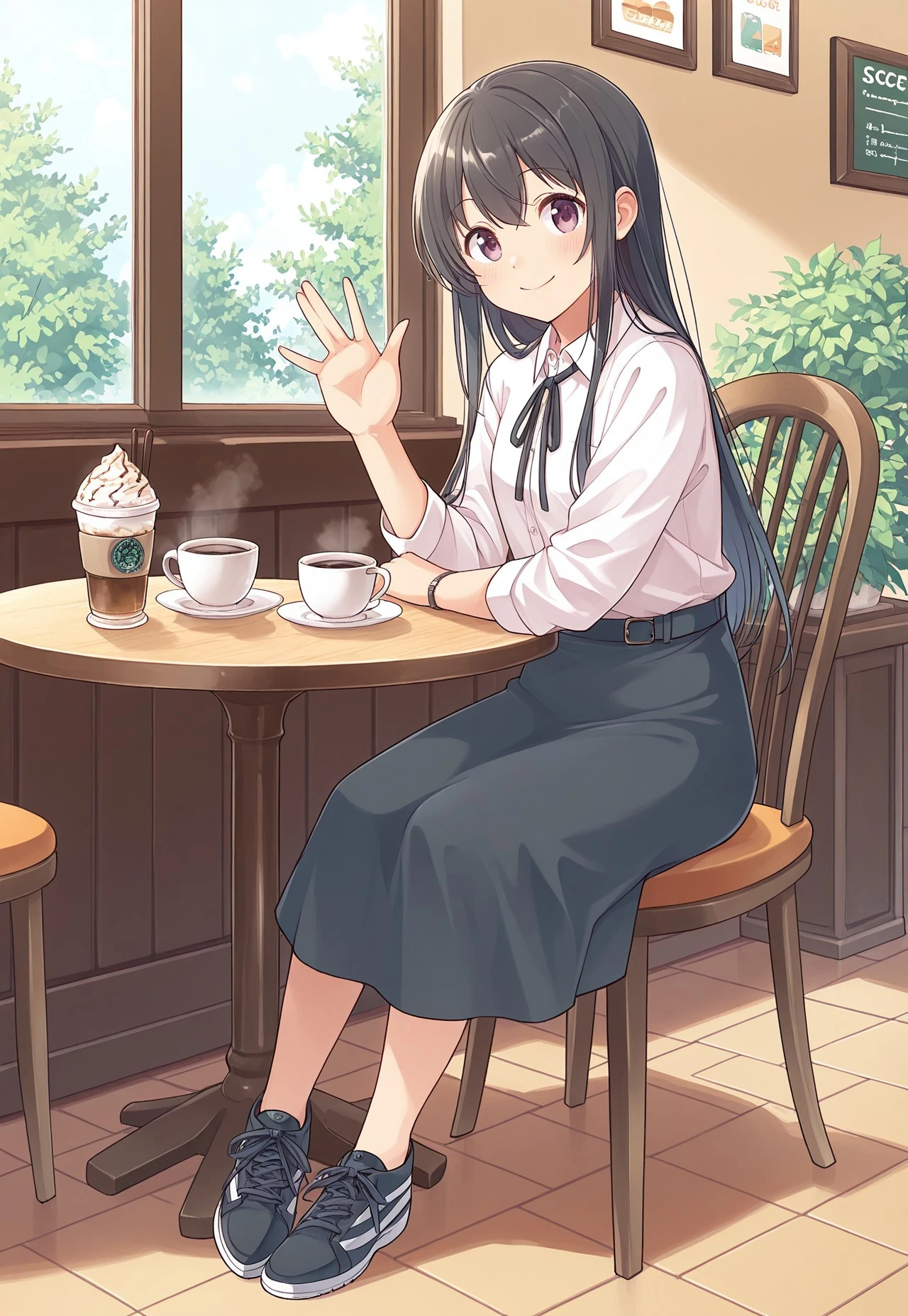 safe_pos, score_9, score_8_up, score_7_up, score_6_up, score_5_up, score_4_up, high quality, high detail, best quality, BomBom, 1girl, shirt, skirt, smile, long hair, smile, looking at viewer, shoes, black hair, <3, waving, cafe, coffee, table, sitting, chair