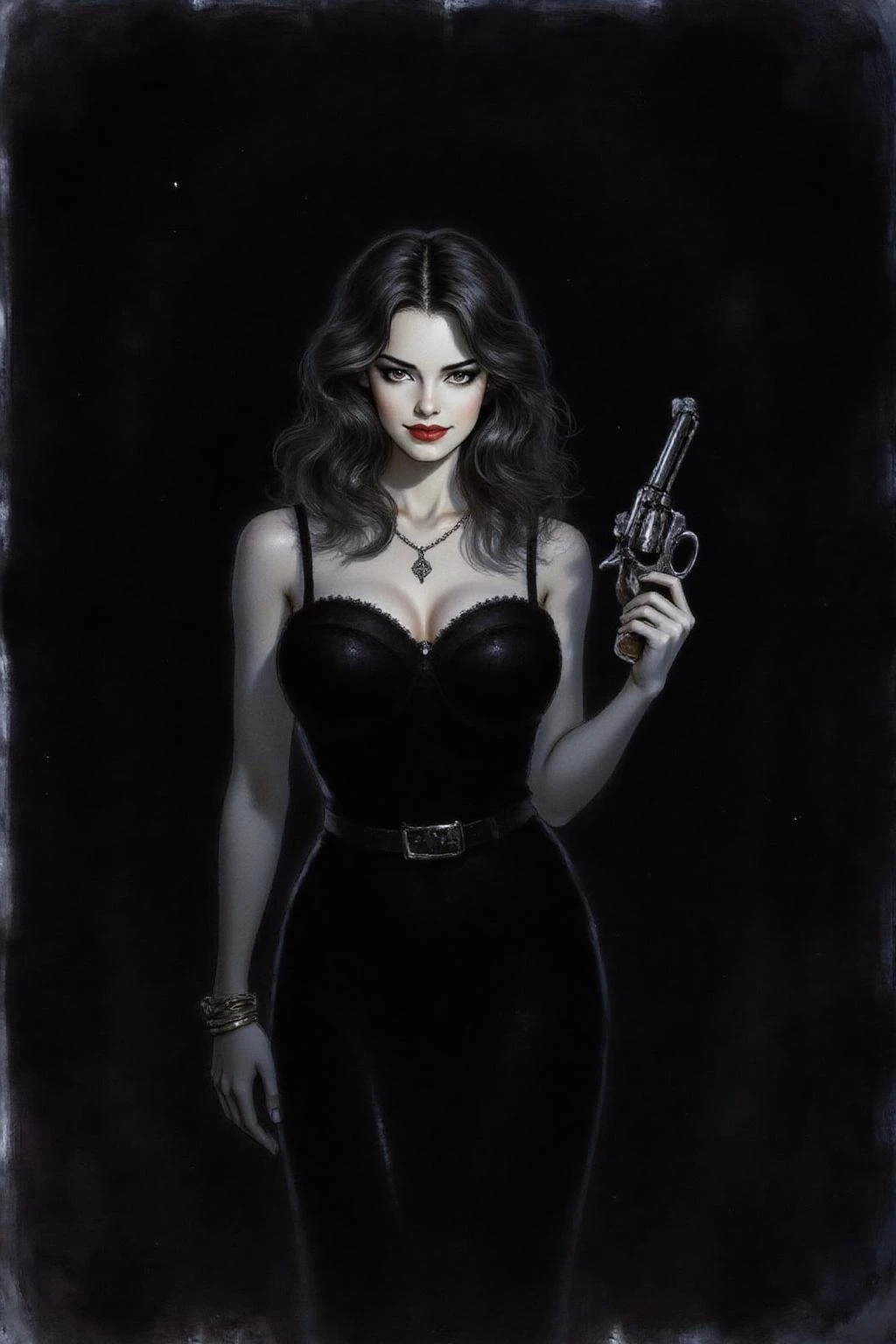 chenu1 illustration.
a mysterious woman with dark, wavy hair and piercing eyes stands in the shadows of a dimly lit room. She is holding a small revolver with a delicate yet firm grip. Her red lipstick is the only color that stands out in the darkness, her intentions unclear but dangerous.
<lora:chenu1_cap_d6a3e12:1.0><lora:822183270474126343:0>