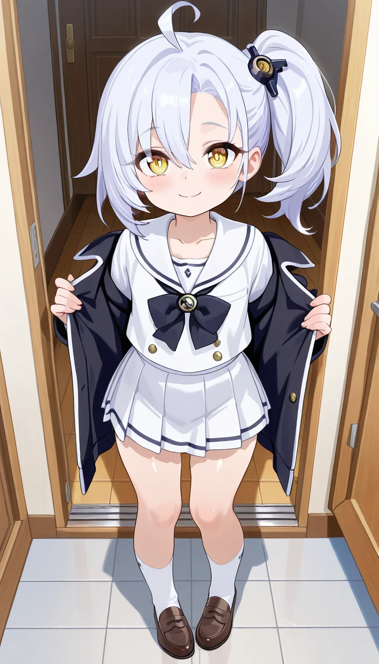 1girl, petite , big breast , black eyes, transparency silver hair, short hair , hair slicked back, drill hair , hair over eyes, covered eyes, blunt bangs, sideburns , ;>, blush , head_tilt standing , hip view, serafuku , white long sleeve, sweater , ankle socks, school bag