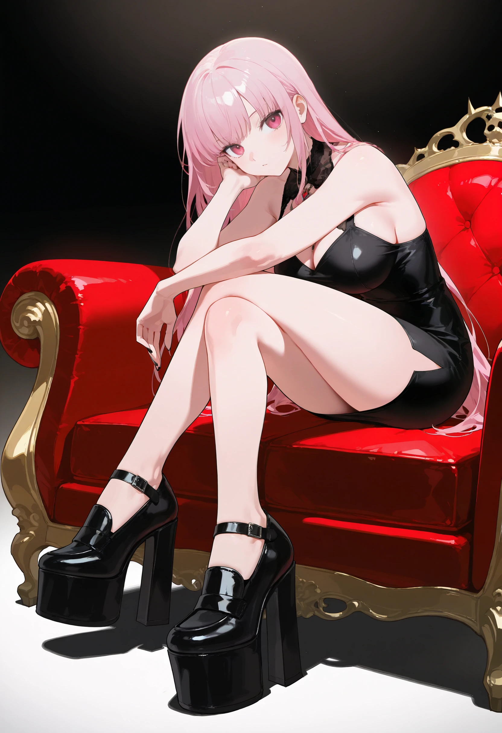 1girl,solo,black footwear,platform heels,mori calliope,sitting,