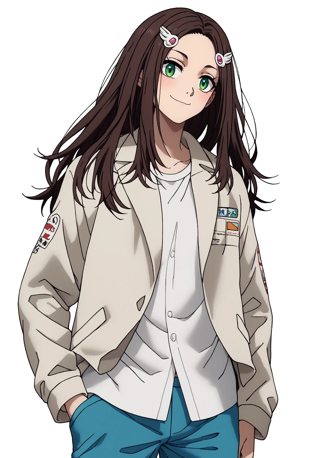 score_9, score_8_up, score_7_up, score_9,4k, HD, 8k, highres, masterpiece, best quality, cowboy shot, sakamoto days, anime screencap, anime coloring, flat colors, solo, 1girl, brunette, long hair, green eyes, white shirt, jacket, blue pants, hair accessories, white background, no pose, smile,
<segment:yolo-Anzhc Face seg 640 v2 y8n.pt,0.4,0.5//cid=1>