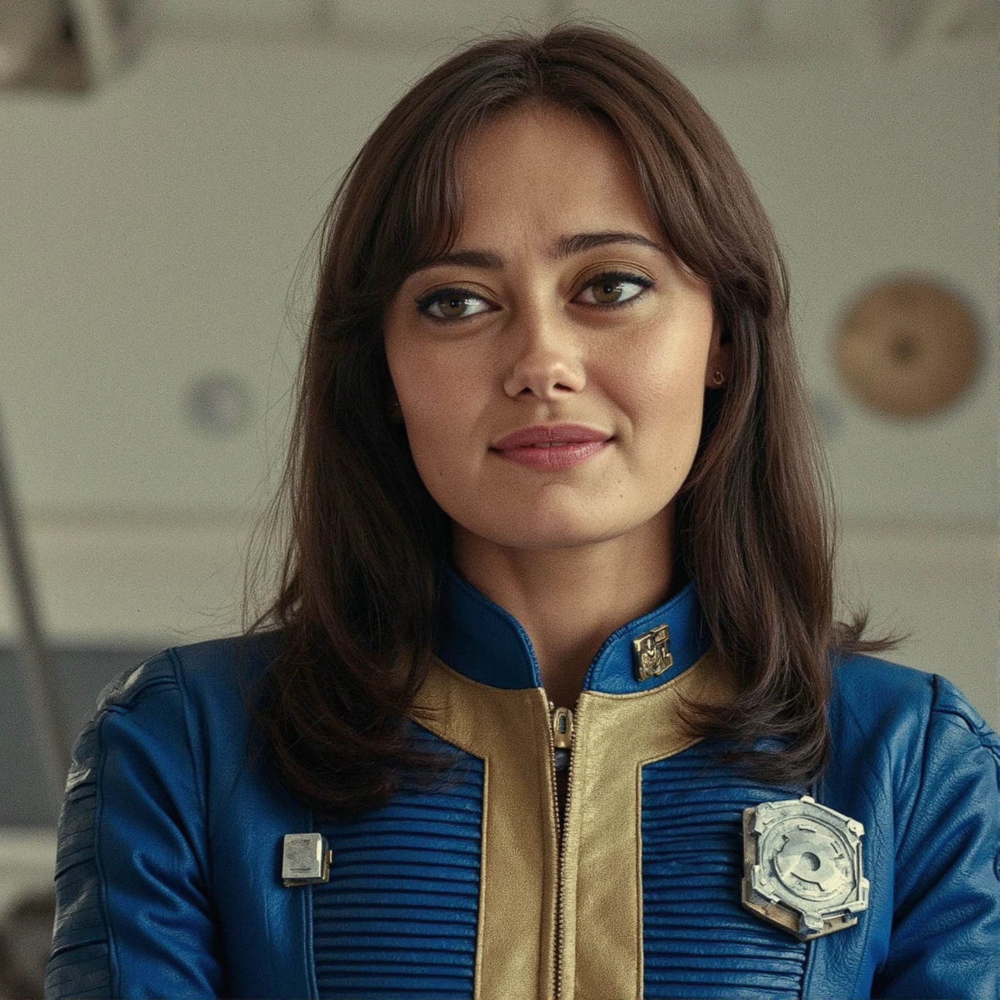 high quality, latino woman in s1999unf uniform,red left sleeve,on the moon,smiling,sitting,at base<lora:S1999_V2flex-000004:0.8>