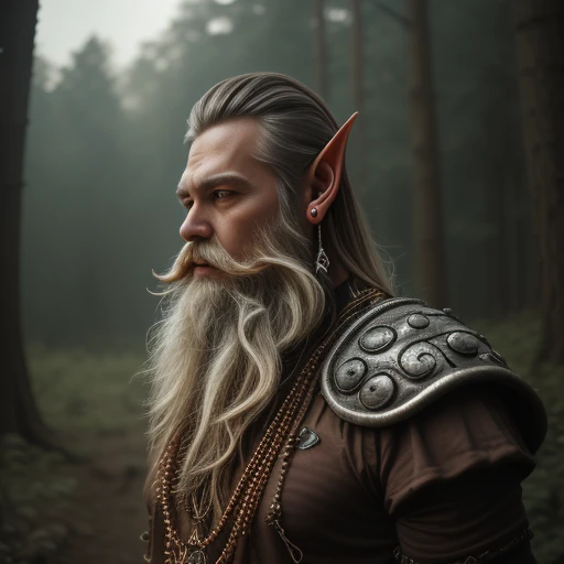 necklace, pointy ears, outdoors, beard, old, earrings, cloud, 1other, forest, smoke, out of frame, shoulder armor, surreal, burning