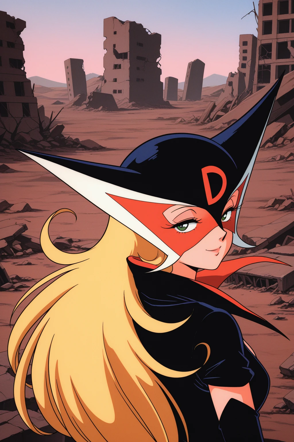 masterpiece, best quality, amazing quality, absurdres, doronjosama, mature female, solo, looking at viewer, smile, half-closed eyes, upper body, from behind, looking back, closed mouth, mask, blonde hair, green eyes, black elbow gloves, black coat, outdoors, wasteland, ruins, (retro artstyle, 1970s \(style\):1.2)