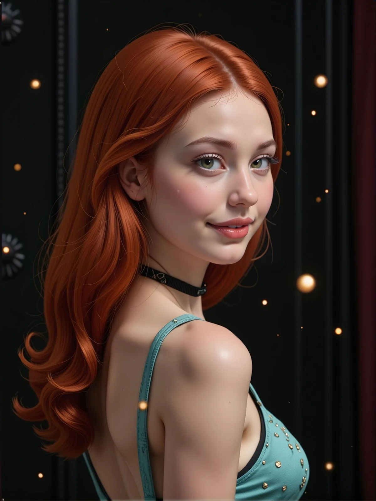 Sharp detailed photography of a young woman, side view. She is looking at the viewer and wearing an elegant dress and a choker. Close portrait. She is smiling. There is a black wall behind her and magical floating particles. <lora:Woomy 6 Flux:1.2> green eyes, full lips, redhaired, long hair,