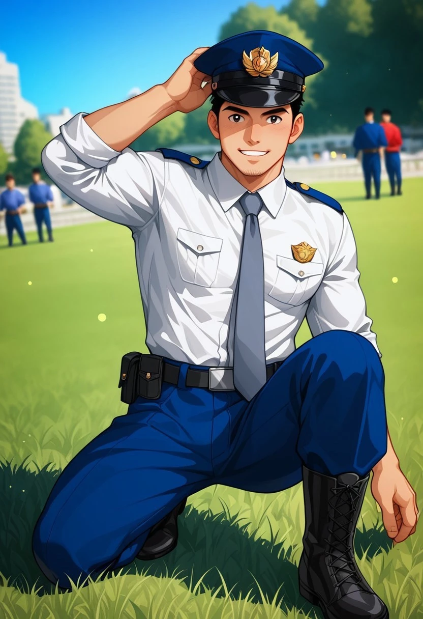 score_9, score_8_up, score_7_up, score_6_up, source_amine, perfect anatomy, perfect proportions, best quality, masterpiece, high_resolution, high quality, absurdres, (solo focus, male focus, bara, mature, handsome, virile, masculine, macho, hunky, charming, alluring, heroic, triumphant, grim, stern,  BREAK (asian male, japanese male:1.3), black eyes, black hair, short hair, facial hair, stubble, BREAK Japanese Winter Police Uniform, HannekenJpPcWt05, white collared shirt, grey blue necktie, rank insignia, sleeves rolled up, Japanese police emblem, dark blue pants, Walkie-Talkie, hip holster, black boots, dark peaked cap, BREAK smile, grin, (solo focus, upper body, dutch angle, random pose, sitting on grass ground, relaxed pose, leaning slightly, one knee bent upward, other leg extended, (hand supporting head), legs spread, contemplative expression, guarded posture, view from above), outdoors, japanese modern city, park, nature, scenery, blurred background, movie still, perfect face, vibrant, vivid, stardom, glamorous, retro, old fashioned, old technicolor film style, film grain, aged film stock, extraordinary achievement, award-winning, expressionist, cinematic, dynamic, cinematic still, emotional, harmonious, vignette, bokeh, cinemascope, moody, epic, gorgeous