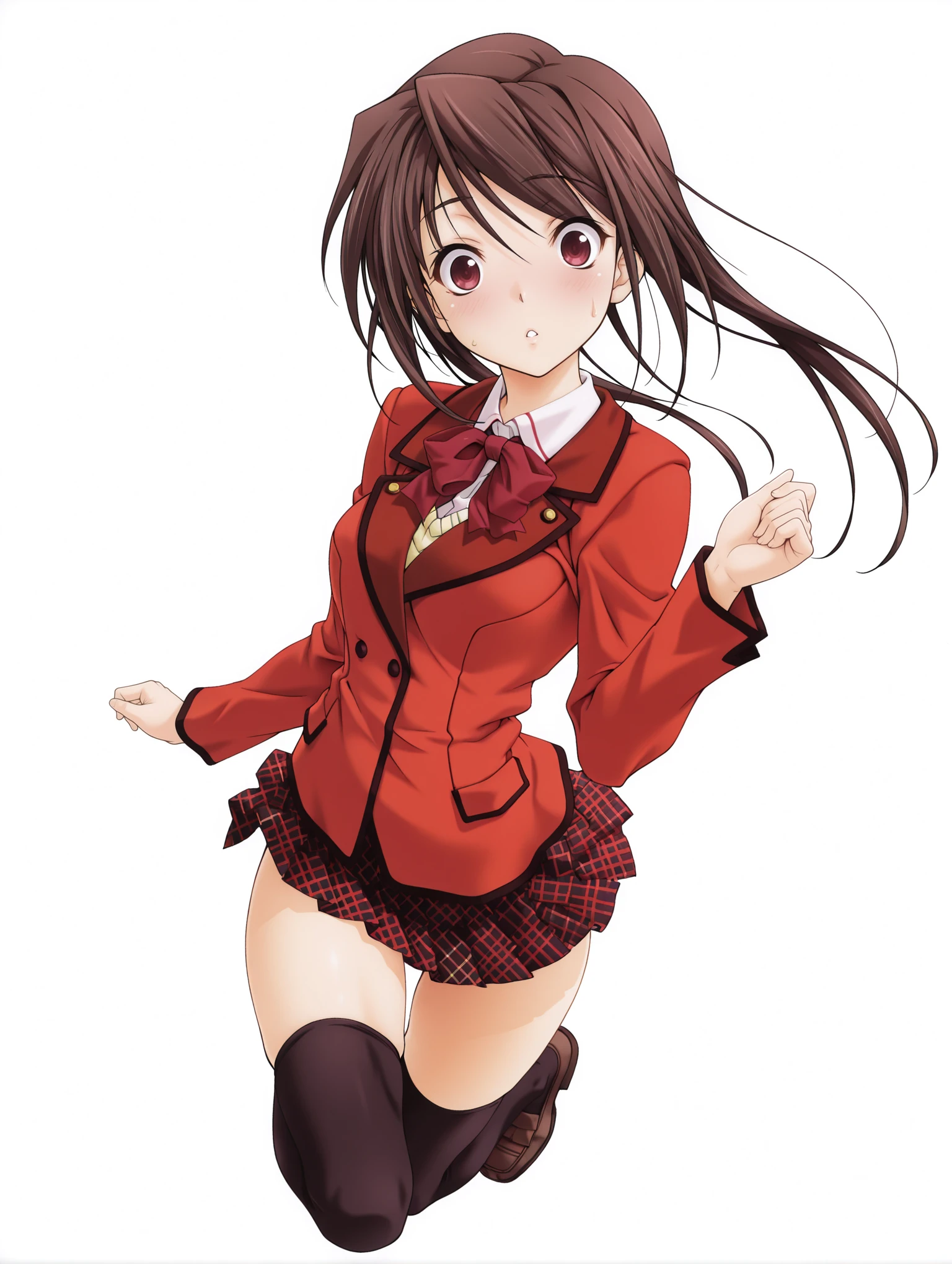 masterpiece,best quality,amazing quality,1girl,solo,
<lora:hina_asuka_ilxl_v1:1>,h_as,a_clothes,blazer,red plaid skirt,black_thighhighs,
<lora:Fixhands_anime_bdsqlsz_V1:1>,light_blush,cinematic_angle,looking_at_viewer,jumping,full body,parted lips,sweatdrop,white_background,simple_background,dynamic_angle,surprised,
