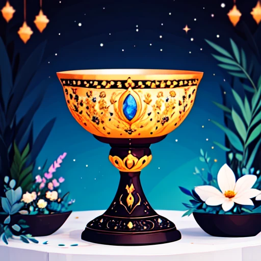 <lora:Flat_Cartoon_IllustrationSD1:1> ArsMJStyle, Flat Cartoon Illustration, The image shows a golden chalice with flowers in it sitting on a table surrounded by plants and stars in the night sky., no humans, flower, star (sky), night, sky, white flower, outdoors, starry sky, grass, gem