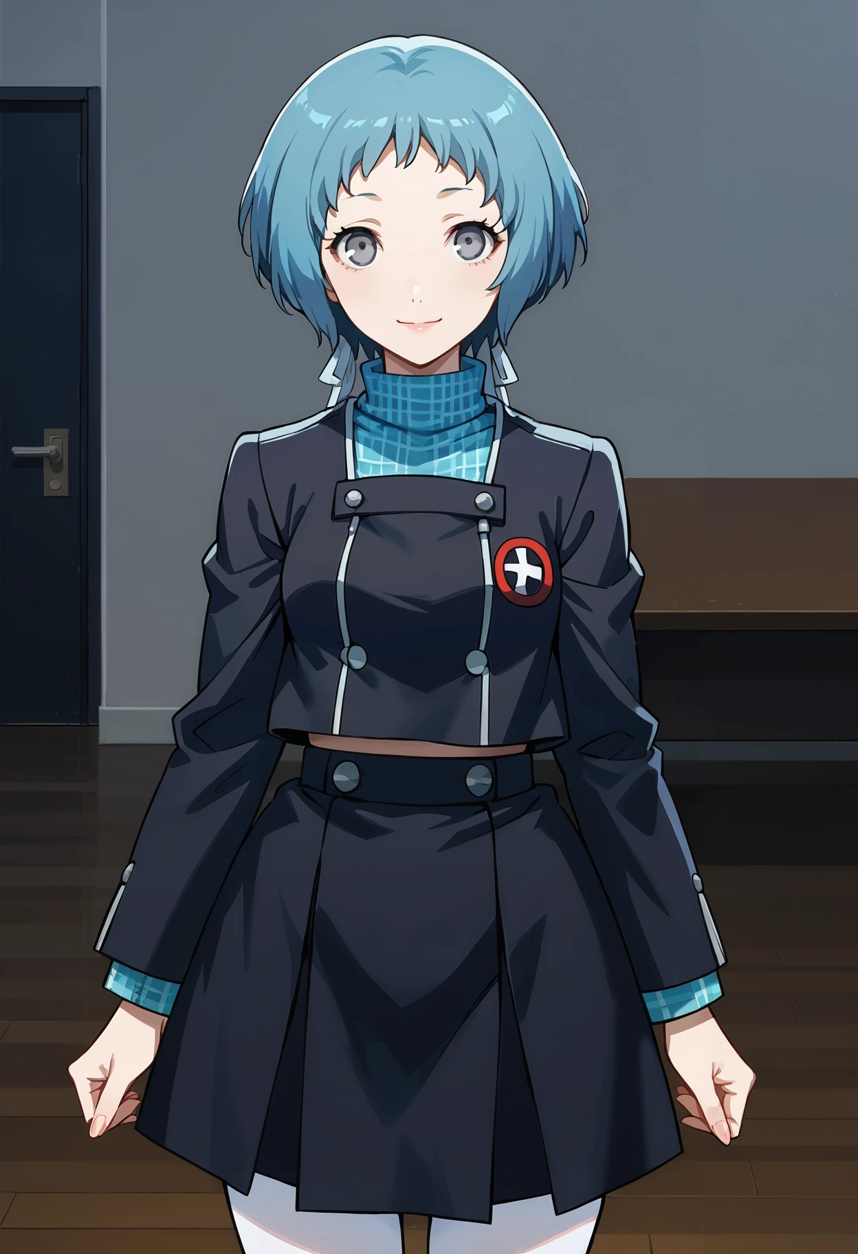 score_9, score_8_up, source_anime
(masterwork, masterpiece, best quality, hyper-detailed :1.2),
1 girl, solo, cute face,
p3fuuka, yamagishi fuuka, short hair, aqua hair, gray eyes,
p3fuuka-winuni, school uniform, gekkoukan high school uniform, skirt, black skirt, pantyhose, white pantyhose, turtleneck, aqua turtleneck, long sleeves
classroom, standing, looking at viewer, smile,