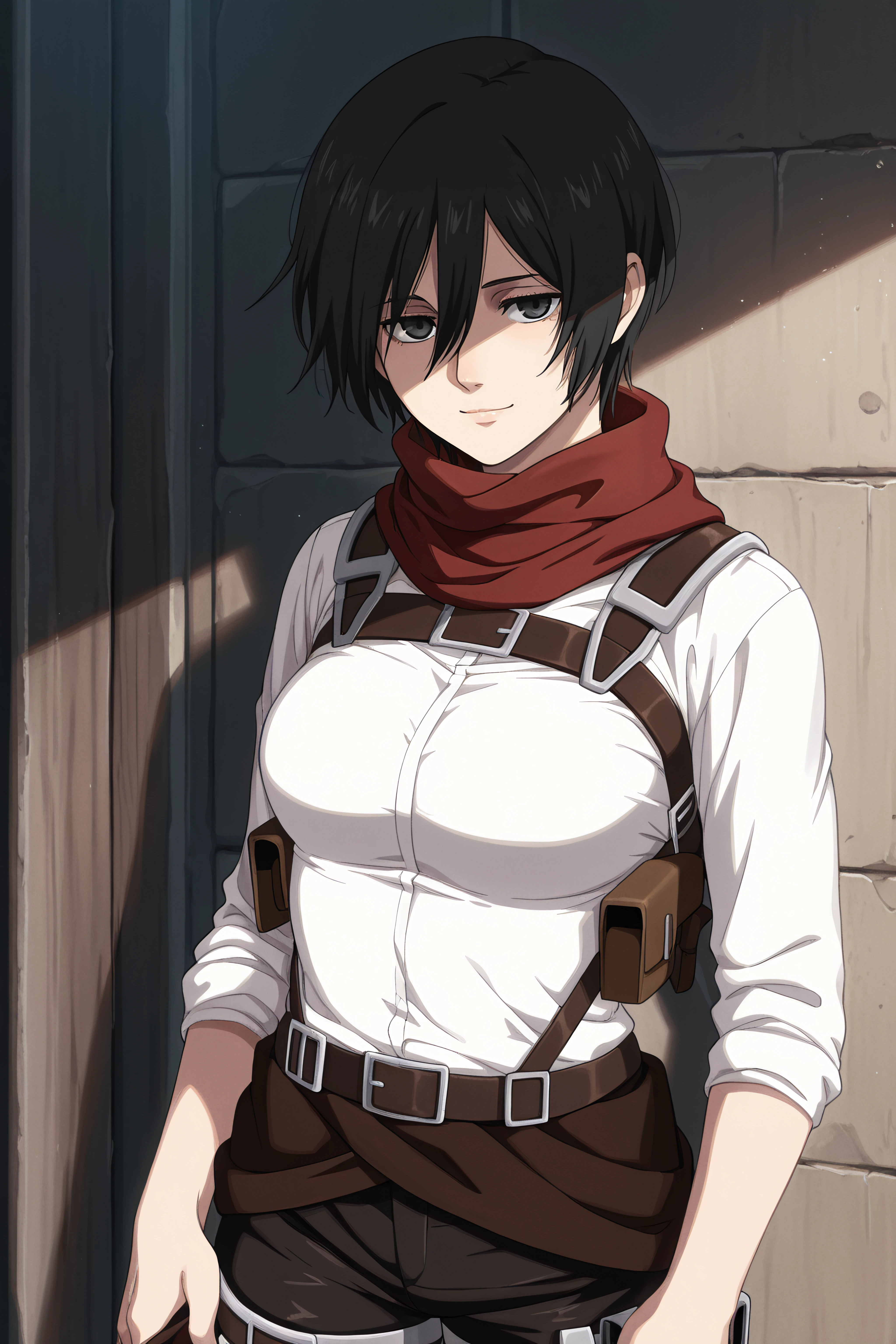 (masterpiece, best quality), <lora:AdMikAckr-Illustrious-lora-Faxtron:1> admikarman, black eyes, black hair, short hair, red scarf, paradis military uniform, armor, black pants, light smile,