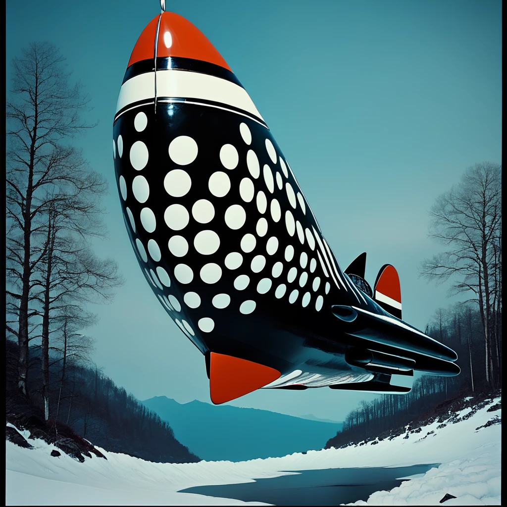 Score_9, score_8_up, score_7_up, score_6_up, BREAK <lora:Abstract_Retro_Future_MoviePony:1> ArsMovieStill, Movie still from an abstract retro future movie, The image shows a large futuristic-looking rocket ship flying over a snowy landscape. The rocket ship is black with white polka dots all over it and a red nose. It has two fins on either side of the nose and the body of the ship is elongated and pointed. The sky is a deep blue and there are trees in the background. The image has a vintage retro feel to it., no humans, tree, forest, outdoors, nature, border, vehicle focus, sky, aircraft, snow