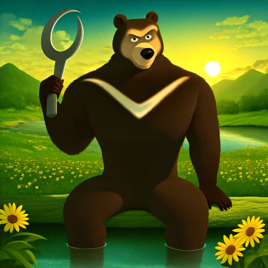 score_9, score_8_up, score_7_up, cartoon_style, ((by BodiPhantom)), 4k, 8k, The best quality, very well drawn, detailed, high quality, detailed, 4k, high resolution, high quality, high resolution, outdoors, furry character, canine, 2d, 2boys, BodiPhantom, Himalayan bear, bear, boy, (sexy), naked, exposed, (dark brown fur and a sickle-shaped white spot characteristic of Himalayan bears (or otherwise in the shape of the letter "V")), clearing, sun, flowers, clouds, river, stream, (particles), posing sitting, legs spread, sly face