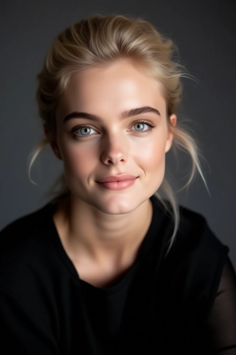 Create a close-up, high-fashion portrait of a woman with striking eyes and confident smile. Her blonde hair is pulled back in a sleek manner, revealing her facial features with clarity. She wears a sophisticated black outfit that exudes elegance and minimalism. The background is a smooth gradient of dark gray, enhancing the overall refined and contemporary aesthetic. The lighting is soft yet directional, highlighting her flawless complexion and subtle makeup, with a focus on her eyes and cheekbones. The mood of the portrait is polished, modern, and artistic.