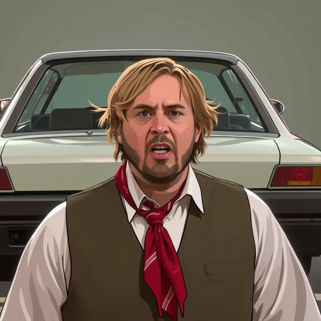 concept art of <lora:drawing Rotoscope style v1:0.9>
drawing Rotoscope style a surprised man with a red tie standing in front of a car, perfect image, sharp image, detailed image, Rotoscope art style, solo, blonde hair, teeth, neckerchief, facial hair, parody, clenched teeth, red neckerchief, motor vehicle, stubble, car, brown hair, vest, meme, goatee, bandana, short hair, shirt, upper body, ground vehicle, red bandana, digital artwork, illustrative, painterly, matte painting, highly detailed