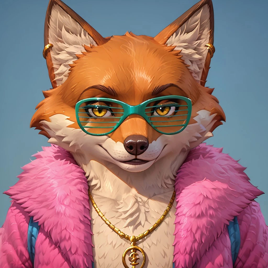 score_9, score_8_up, score_7_up, Expressiveh, masterpiece, best quality, highly detailed, realistic, 1boy, solo, DanzaPA, furry, anthro, tanuki, raccoon dog, white inner ear fluff, dark-brown eyebrows, dark-brown nose, yellow eyes, black pupils, orange body, orange fur, white body, white fur, two tone body, two tone fur, gold earrings, green shutter glasses, eyewear, gold necklace, pink jacket, fur jacket, open jacket, upper body, close-up, (blue background, simple background), smile, looking at viewer, closed mouth