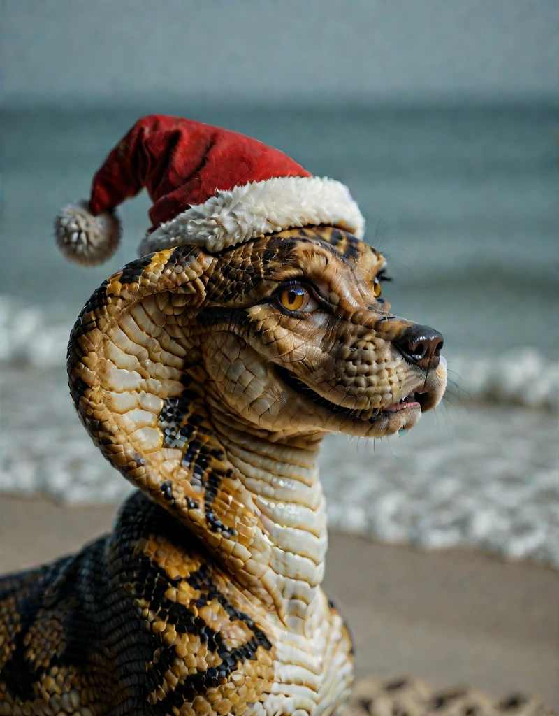 snakedog, realistic, <lora:Snake_Dog:1>, huge eyes, looking at viewer, on the beach, cute, from side, open mouth, christmas hat,