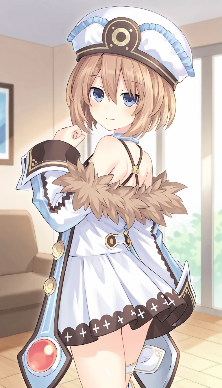 1girl, solo, brown hair, blue eyes, short hair, flat chest, young girl, smile, closed mouth, hat, ribbon, long sleeves, wide sleeves, off shoulder, bare shoulders, short dress, coat, fur trim, ankle ribbon, standing, (dynamic pose, looking back), shadow, looking at viewer, cowboy shot, indoors, living room, masterpiece, best quality, very aesthetic, absurdres, newest, <lora:Blanc_Neptunia_IllustXL:0.7>, Blanc \(neptunia)\ , blanc_def