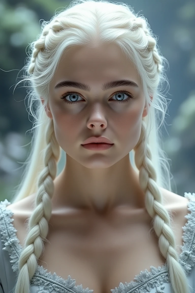 A majestic Game of Thrones princess stands center frame, soft even lighting illuminating her striking features. Proportional and detailed, her face glows with a gentle morning light, braided white hair cascading down her back like a river of snow. Her eyes, deep pools of wisdom and mystery, meet the viewer's gaze directly, as if sharing a royal secret. The background, a stunning Game of Thrones landscape, provides a regal backdrop for this masterpiece. Every detail, from the delicate curves of her features to the subtle folds of her gown, is rendered in exquisite medium-body portrait style, a true work of art worthy of the Seven Kingdoms.