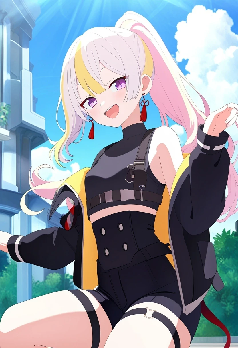 1girl, thigh strap, black vest, white hair, open mouth, breasts, short shorts, streaked hair, :d, vest, multicolored hair, blonde hair, black jacket, earrings, sleeveless jacket, two-tone hair, jewelry, shirt, black shirt, smile, very long hair, long hair, looking at viewer, jacket, black shorts, shorts, tassel, cropped vest, pink hair, sleeveless, solo, tassel earrings, outdoors, day, no halo, official art, blue archive, game cg, non-web source, newest