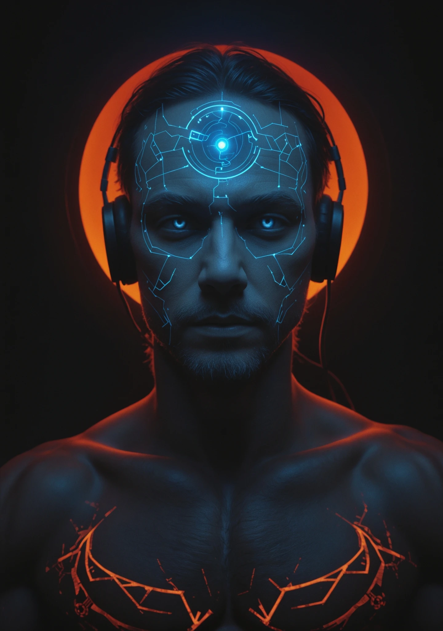 A hyper-realistic, unsettling close-up portrait fusing two enigmatic figures into a single, otherworldly being. The spectral, all-knowing cyborg emerges with a smooth, glowing surface of advanced technology, its face featureless yet alive with intricate digital patterns. Electric blue lines pulse across its surface, shifting and morphing like a living neural network, suggesting an existence within a vast interconnected web. Hollow eyes radiate an eerie, ethereal quality, as if seeing beyond the physical realm, and glowing circuits blend seamlessly into its surroundings, a deep gradient from white to pale blue filled with subtle digital glitches hinting at higher intelligence. From the shadows of this cybernetic form, the rugged presence of a slightly muscular man emerges as a faint duality. His unkempt hair falls like strands of static across the glowing face, revealing one piercing eye that gleams with intensity. A sly, mischievous grin hints at a dangerous charisma, contrasting with the pastel-colored T-shirt and oversized vintage black headphones resting heavily against the figure’s sleek, technological frame. The pale monitor glow casts an eerie light over both organic and digital textures, blending the rugged and the spectral into a single captivating, otherworldly presence. The result is an unnerving harmony of man and machine, a haunting observer that feels alive yet unreachably distant.