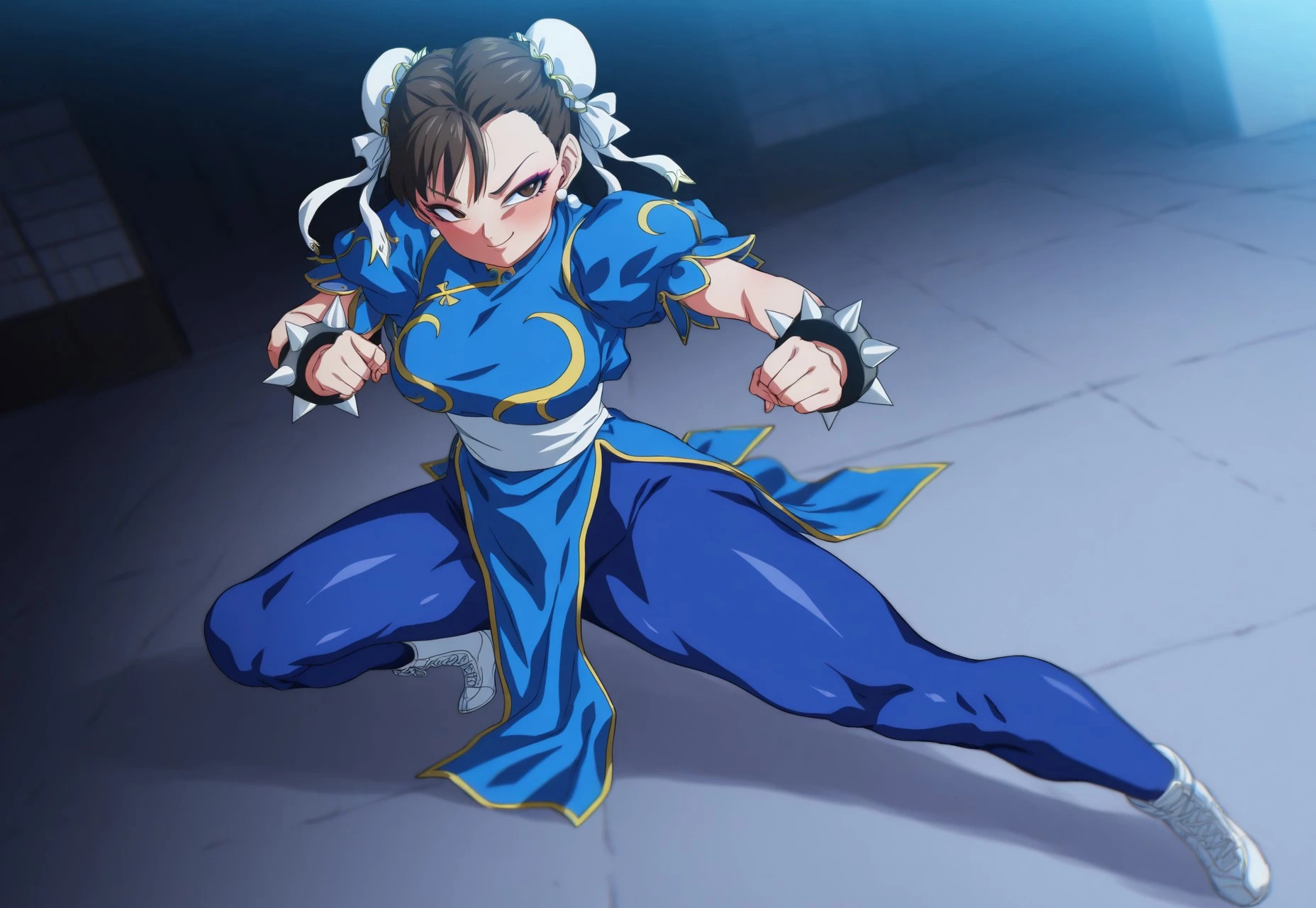 score_9, score_8_up, score_7_up, score_6_up, masterpiece, best quality, vibrant colors, beautiful shading, very aesthetic, absurdres, Rom@_ArtStyle, anime coloring, anime screencap, absurd res, chun-li, 1girl, solo, full body shot, looking away, from above, from the side, wide shot, smug, >:), v-shaped eyebrows, hair bun, double bun, eyeshadow, makeup, chinese clothes, pelvic curtain, solo, dress, bracelet, ribbon, pants, blue pants, makeup, short sleeves, wide hips, thick thighs, smile, fighting stance, legs spread, wide stance, bent knees, arms poised, fists clenched, outdoors, dojo, training grounds, dutch angle, diagonal shot, <lora:Rom_Art_Style_for_Illustrious_v4.0:1>, masterpiece, best quality, vibrant colors, beautiful shading, amazing quality, very aesthetic, high resolution, ultra-detailed, absurdres, newest, volumetric lighting,