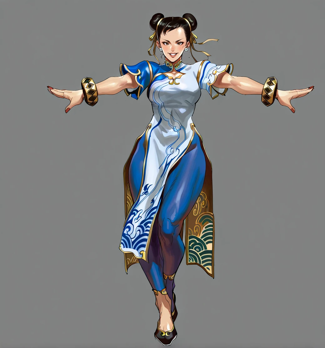 1girl, solo, masterpiece, best_quality, absurdres, perfect quality, high quality ,BREAK
Dynamic pose,smiling,,White background, BREAK
<lora:Tekken_-_Junny_Artstyle:1> junny,BREAK
<lora:Chun-li_SF6_illustrious_Leaf1:0.7> Chun-li_SF6, 1girl, solo, black hair, double bun, brown eyes, || china dress, blue pantyhose, || bracelet || black footwear,