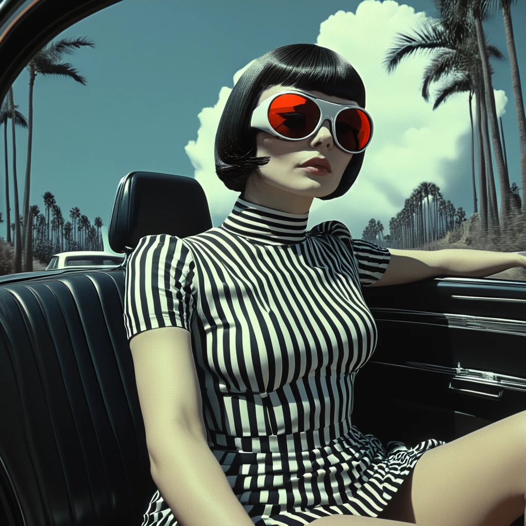 <lora:Abstract_Retro_Future_MovieSDXL:1> ArsMovieStill, Movie still from an abstract retro future movie, The image is a digital illustration of a woman sitting in the driver's seat of a car. She is wearing a black and white striped dress and large sunglasses. The woman has short black hair styled in a bob and is looking out the window of the car. The background of the image is filled with palm trees and a winding road. The sky is blue with a large red and white circular sunburst in the center. The sunburst appears to be rising creating a dramatic and vibrant atmosphere. The image has a futuristic and futuristic feel to it., 1girl, sunglasses, solo, motor vehicle, striped, car, tree, striped shirt, ground vehicle, cloud