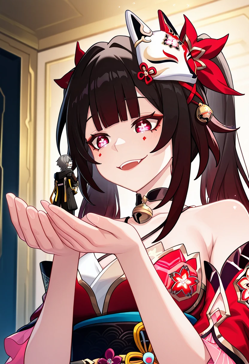 <lora:Handheld__Giantess_Concept:1> , handheld, miniboy on her hand, indoors, (looking at another), ADDCOMM, trailblazer \(honkai: star rail\), miniboy, ADDCOL, giantess, sparkle \(honkai: star rail\), flower-shaped pupils, red eyes, evil smile, red nails,, masterpiece,best quality,amazing quality,