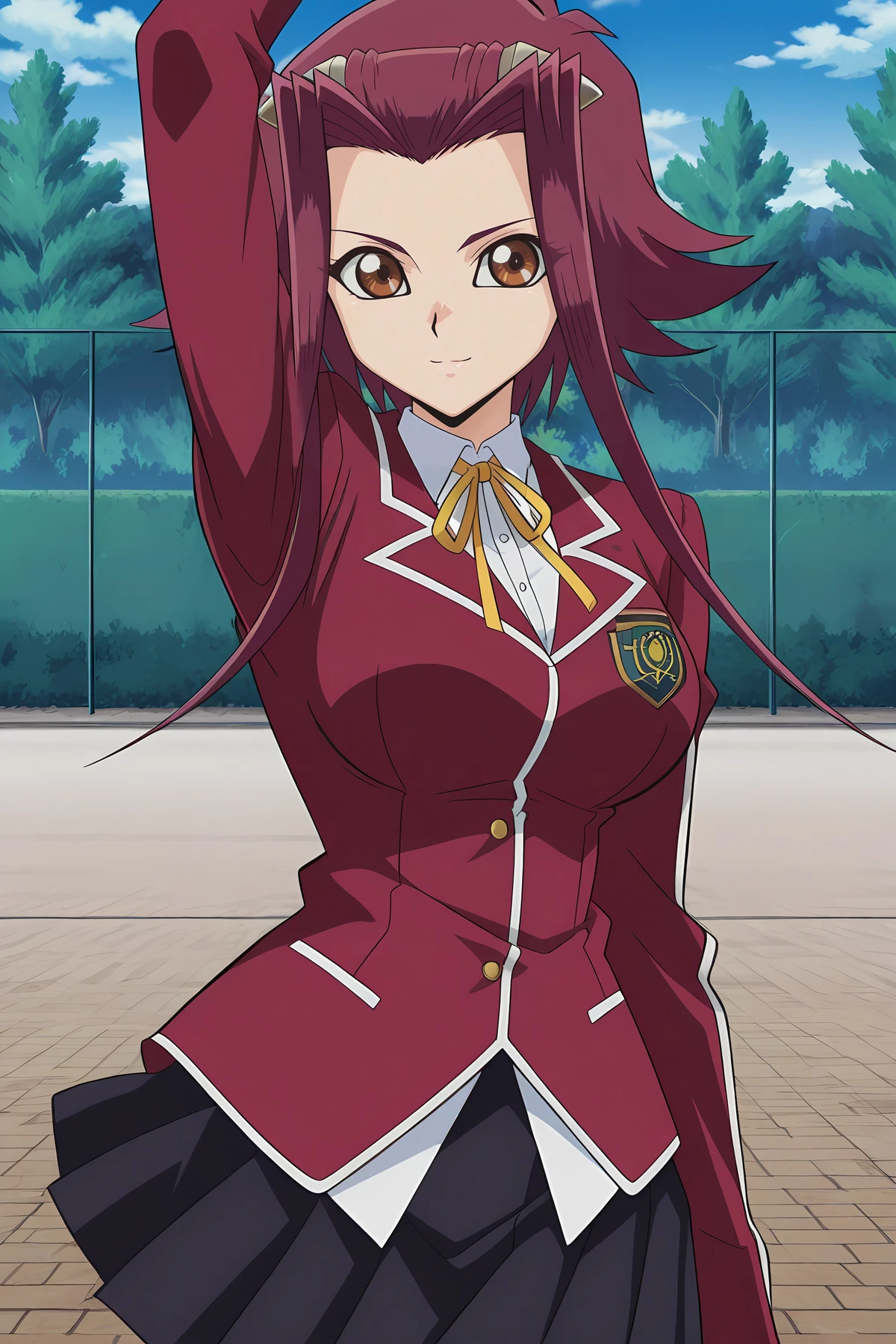 absurdres, highres, masterpiece, best quality, amazing quality, official anime artwork, screencap, anime screencap, outdoors, looking at viewer, light smile, dynamic pose,
<lora:Yu-Gi-Oh_5Ds:1> Aki Izayoi, 1girl, solo, red hair, brown eyes, short hair with long locks, hair ornament, large breasts,, school uniform, jacket, long sleeves, skirt, white shirt, ribbon, blazer, black skirt, neck ribbon,