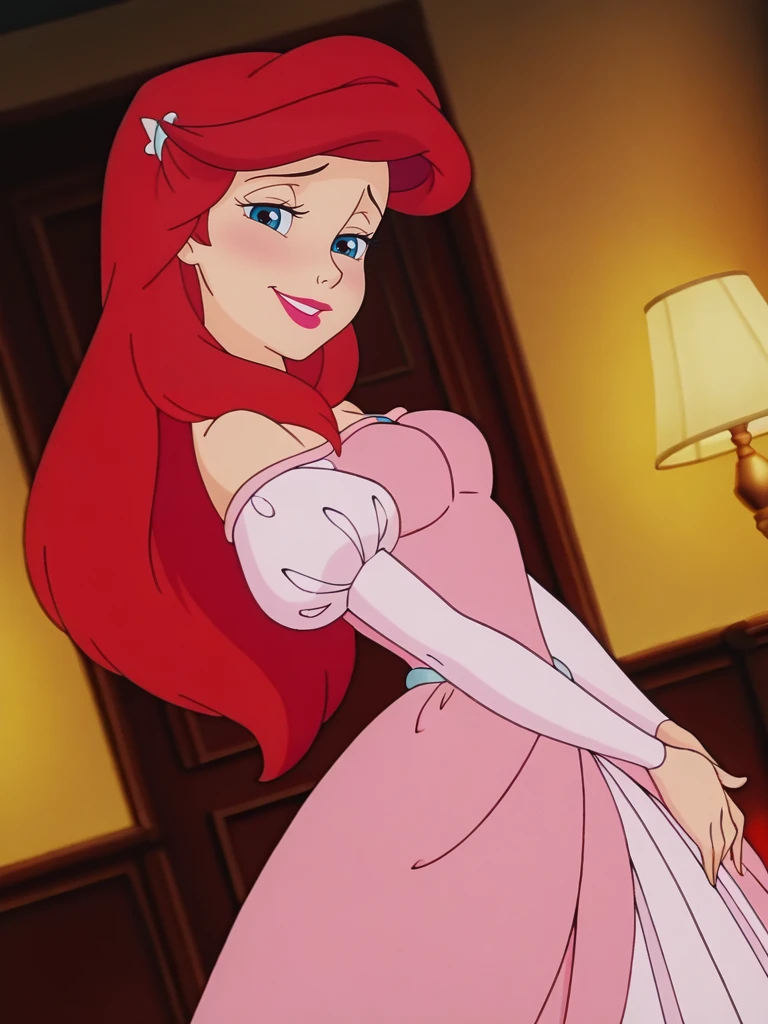(anime screencap:1.2), blurry background,
1girl, medium breasts, (ArielXL:1.1), long hair, red hair, blue eyes, hair ornament, jewelry, puffy sleeves, pink dress, off-shoulder dress, lipstick,
naughty face, dutch angle, hands together, shy pose, shy, looking at viewer, elegant room, warm light, indoors, portrait, dynamic pose, cowboy shot, from side,
<lora:ArielXL_character-12:1>