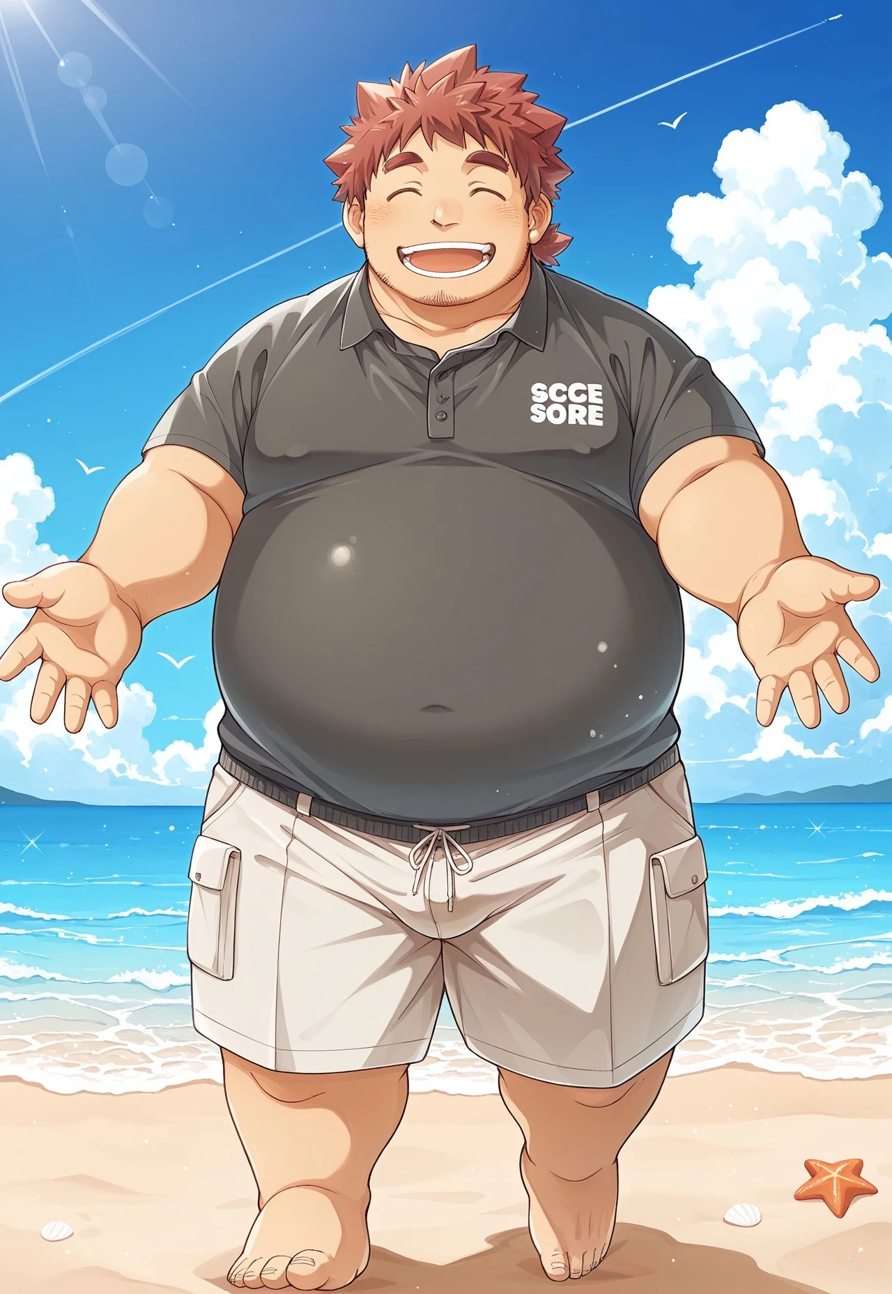 safe_pos, score_9, score_8_up, score_7_up, score_6_up, score_5_up, score_4_up, high quality, high detail, best quality, BomBom, (1boy, solo), male focus, plump, fat, belly, facial hair, shirt, happy, shorts, barefoot, feet, smile, eyes closed, beach, blue sky, clouds