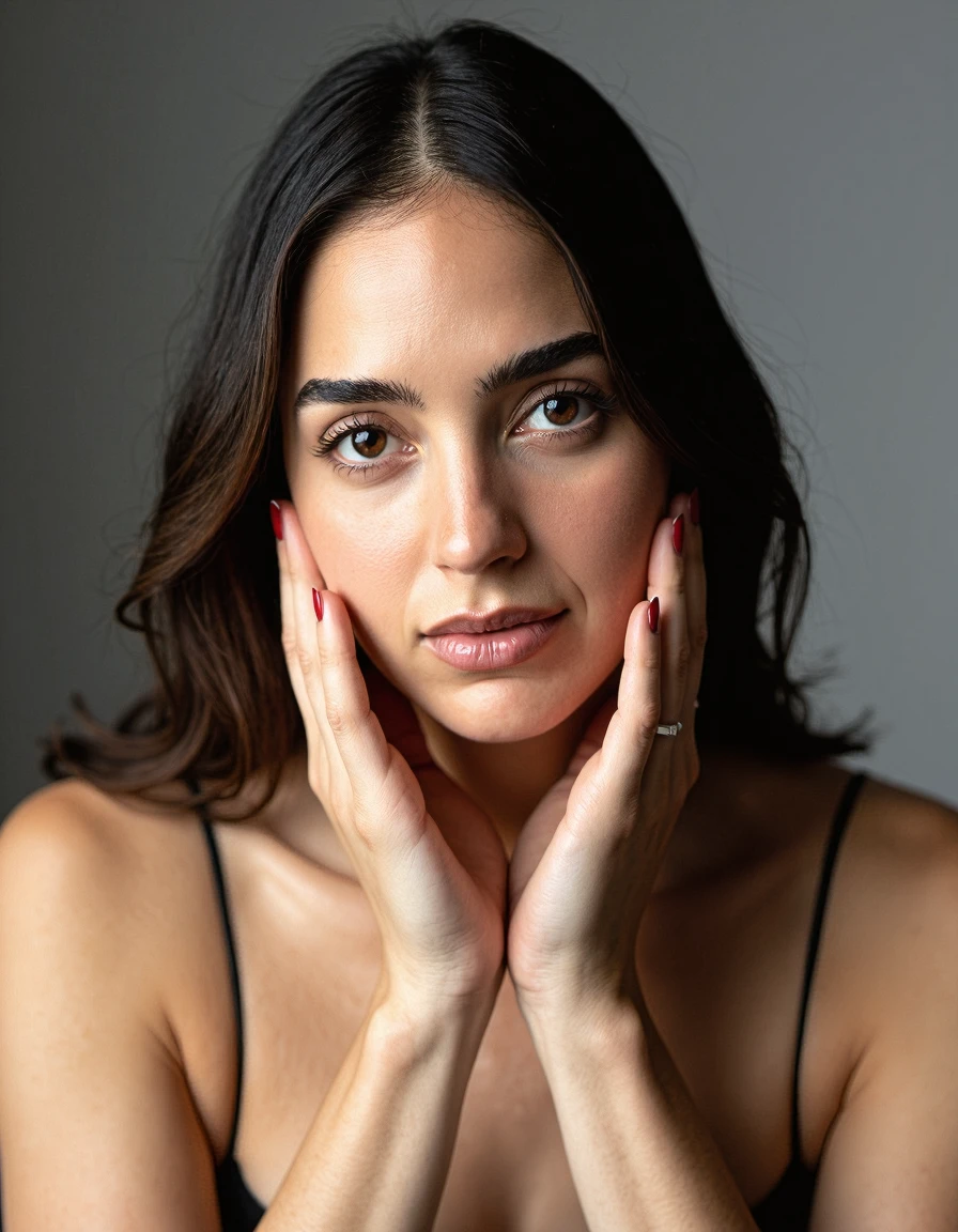 mel_barrera, A studio photography of a beautiful woman with her hands on her cheek, shot on sony a7riv camera, indoor, soft diffused studio lighting, minimalistic, photorealism, 4k resolution, ultra high quality, realistic proportions, low contrast, face focused