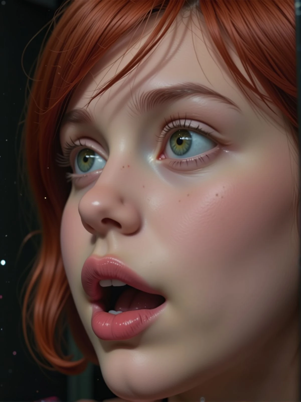 Sharp close shot of a young woman eye. Surprised, wide open mouth. There is a black wall behind her and magical floating particles. <lora:Woomy 6 Flux:1.2> green eyes, full lips, redhair,