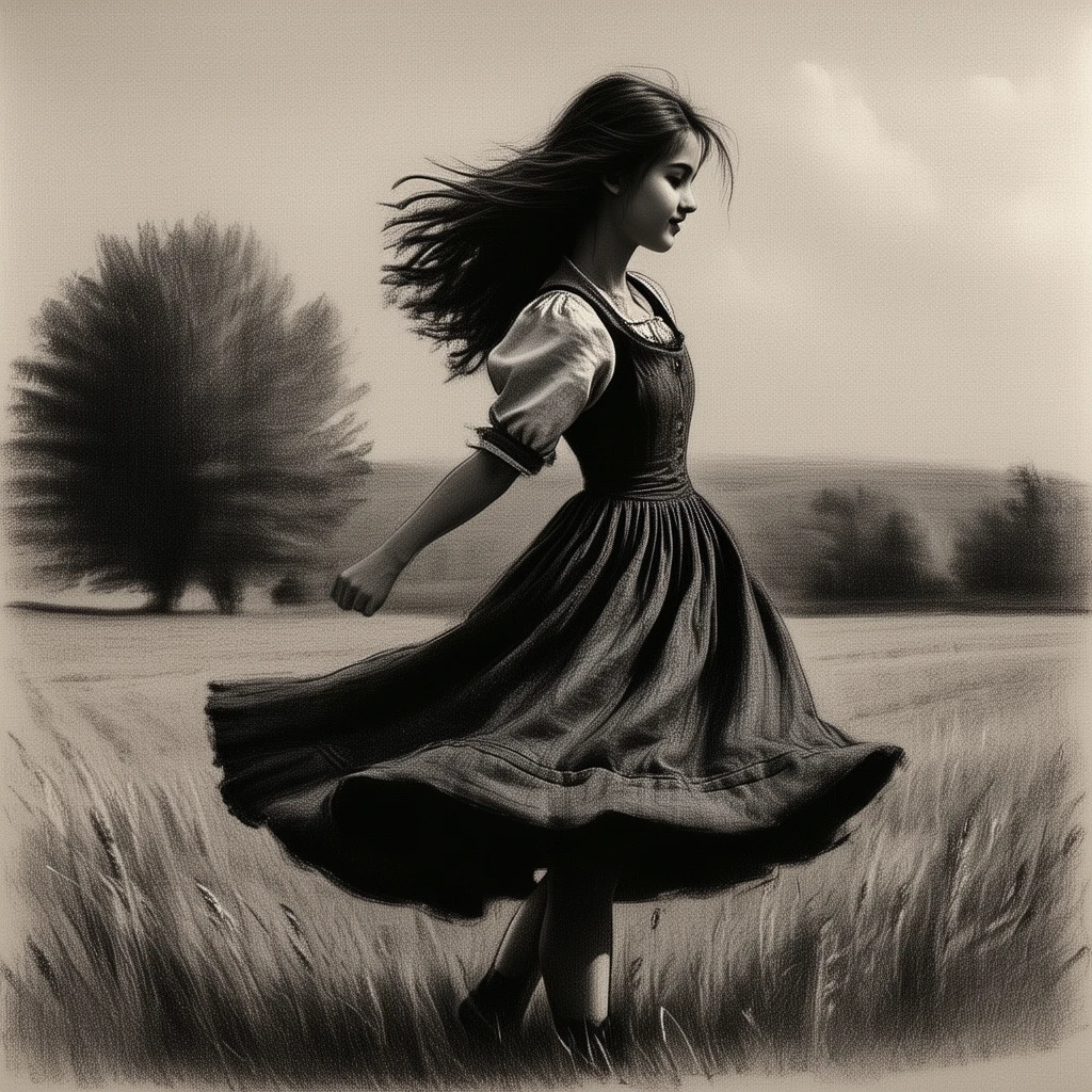 A charcoal drawing. Chiaroscuro. Smudged. Shading.
A traditional young Austrian woman, 18yo, dressed traditionally, looking adorable. Full body view. Spinning in a field.
chrclCE_style