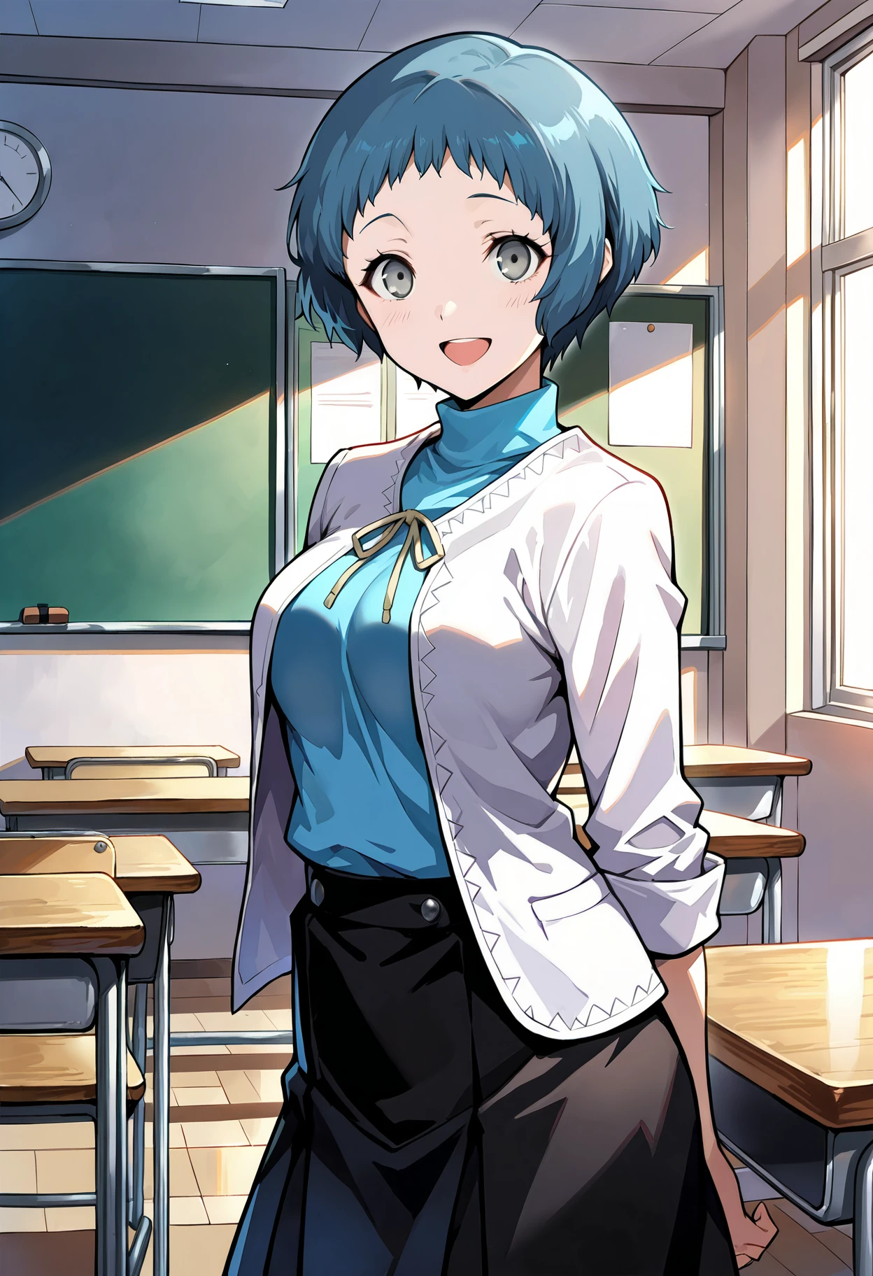 (masterwork, masterpiece, best quality, hyper-detailed :1.2),
1 girl, solo, cute face,
p3fuuka, yamagishi fuuka, short hair, aqua hair, gray eyes,
p3fuuka-sumuni, turtleneck, aqua turtleneck, cardigan, white cardigan, open cardigan, skirt, gekkoukan high school uniform
classroom, standing, looking at viewer, smile, side view, excited, happy,