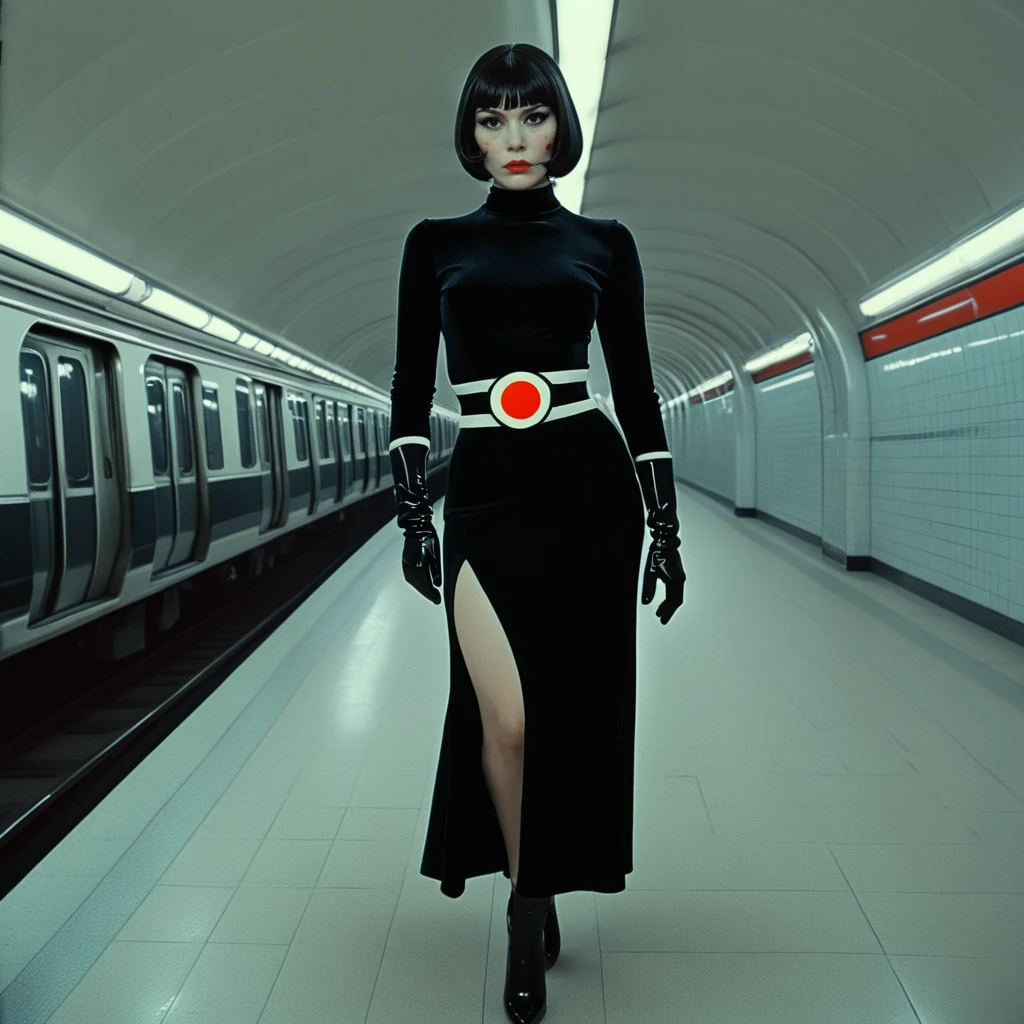 <lora:Abstract_Retro_Future_MovieSDXL:1> ArsMovieStill, Movie still from an abstract retro future movie, The image shows a woman standing in a subway station. She is wearing a long black dress with a high neckline and long sleeves. The dress has a high slit on the side and a high waistline. She has short black hair styled in a bob with bangs. The woman is wearing black gloves and is looking directly at the camera with a serious expression. The subway station has a long narrow corridor with red and white circles on the floor. The walls are painted white and there are several train tracks running along the length of the corridor. The ceiling is high and has multiple circular lights hanging from it. The overall mood of the image is futuristic and futuristic., 1girl, solo, black hair, short hair, gloves, midriff, skirt, makeup, crop top, walking