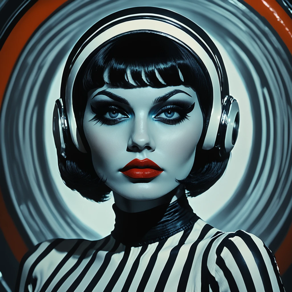 Score_9, score_8_up, score_7_up, score_6_up, BREAK <lora:Abstract_Retro_Future_MoviePony:1> ArsMovieStill, Movie still from an abstract retro future movie, The image is a portrait of a woman's face. She is wearing a black and white striped top and has a large circular headpiece on her head. The headpiece is made of orange earphones and covers her ears. The woman's hair is styled in a short bob with bangs and her makeup is dramatic with dark eyeliner and red lipstick. The background is a striped pattern in shades of blue and white. The overall mood of the image is futuristic and edgy., 1girl, solo, black hair, makeup, portrait, short hair, lipstick, red lips, colored skin, looking at viewer