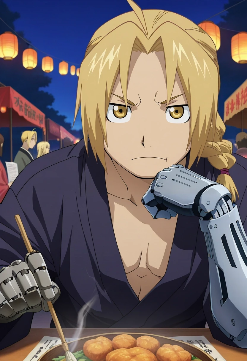 masterpiece, best quality, intricate details, anime screencap, anime coloring, official style, looking at viewer, 1boy, solo, male focus, <lora:edward_elric_ilxl:0.92>, edward_elric, blonde hair, yellow eyes, single braid, braided ponytail, single mechanical arm, aged up, night market, paper lanterns, food stalls, incense smoke, browsing pose, hungry expression, evening