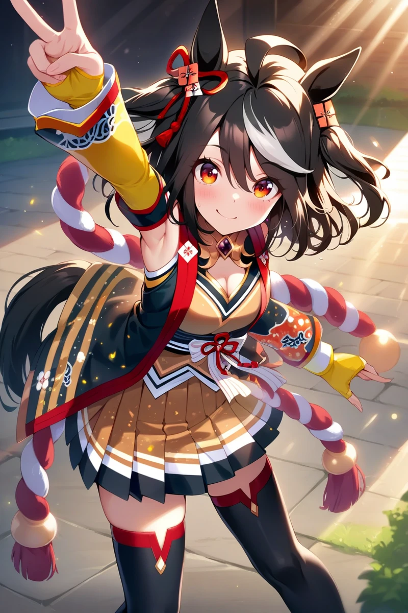 masterpiece, best quality,
kitasan black \(umamusume\), 1girl, horse ears, horse tail, black thighhighs, full body, cleavage cutout, armpits, clothing cutout, looking at viewer, smile, cleavage, v, hair ornament, standing, bare shoulders, arm up, two side up, chanchanko jacket, detached wide sleeves, multicolored skirt, yellow high-neck crop shirt, low back kouhaku nawa, red shoes, yellow arm covers, waist white bow
light rays,lens flare,light particles,outdoors
<lora:SDXL_kitasan_black_v1.0:0.9>