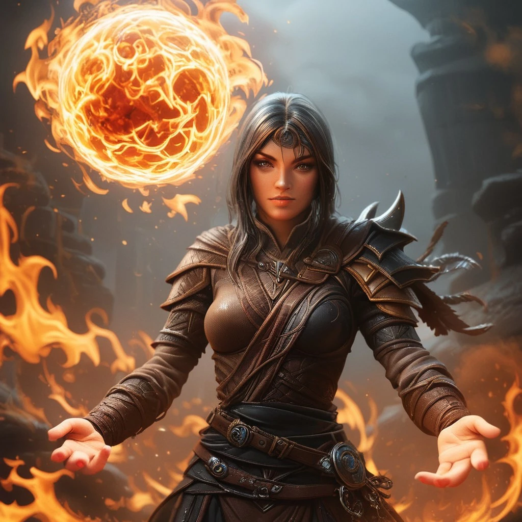 A woman wizards from a fantasy world creating a fire ball with her hands