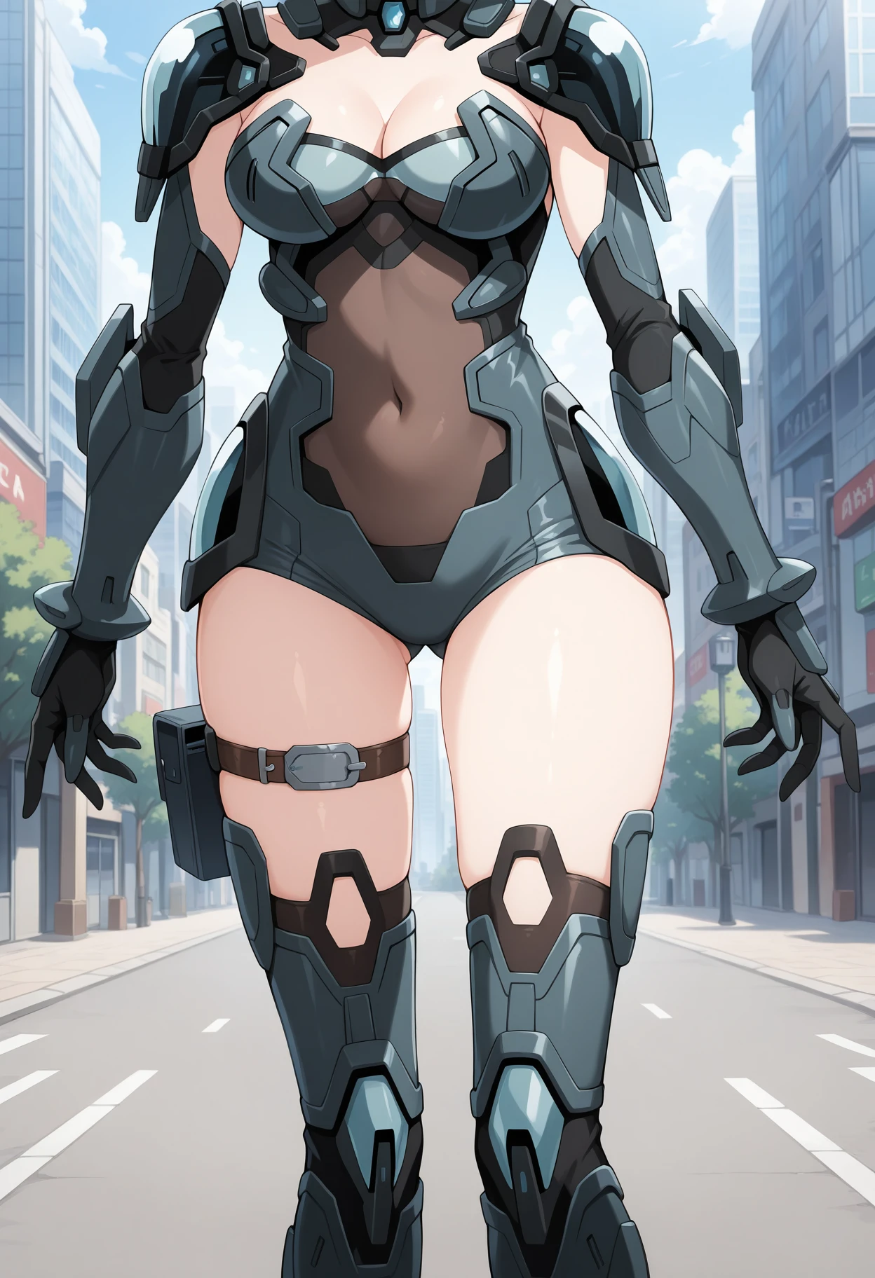 masterpiece, absurdres, newest, 1girl, solo, c-ast, unitard, headgear, armor, thighhighs, thigh boots, elbow gloves, cleavage cutout, thigh strap, outdoors, depth of field, city, head out of frame,