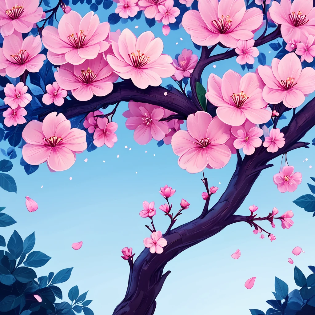 Score_9, score_8_up, score_7_up, score_6_up, BREAK <lora:Flat_Cartoon_IllustrationPony:1> ArsMJStyle, Flat Cartoon Illustration, The image shows a tree with pink flowers in the middle of a blue sky surrounded by a vibrant spring landscape. The tree is animated with its branches and leaves swaying in the breeze and the flowers are in full bloom creating a beautiful and peaceful atmosphere., no humans, flower, tree, sky, cherry blossoms, pink flower, petals, blue background, blue sky, branch